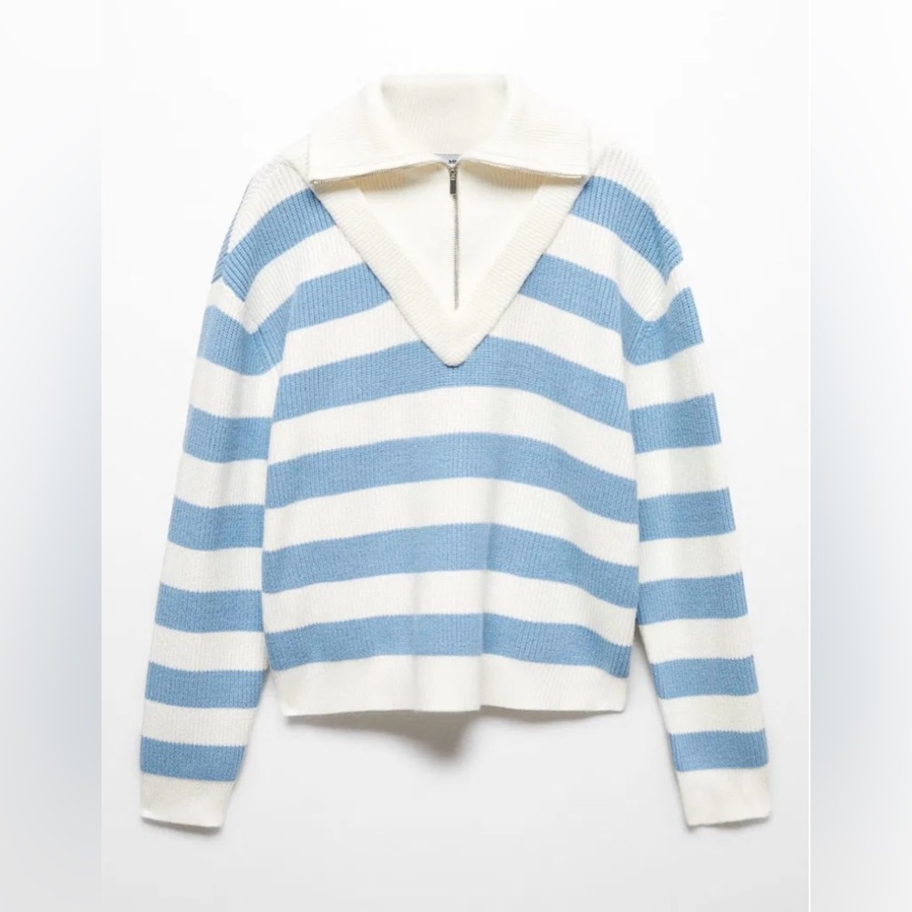 Mango Sky Blue and Cream Zip Neck Sweater
